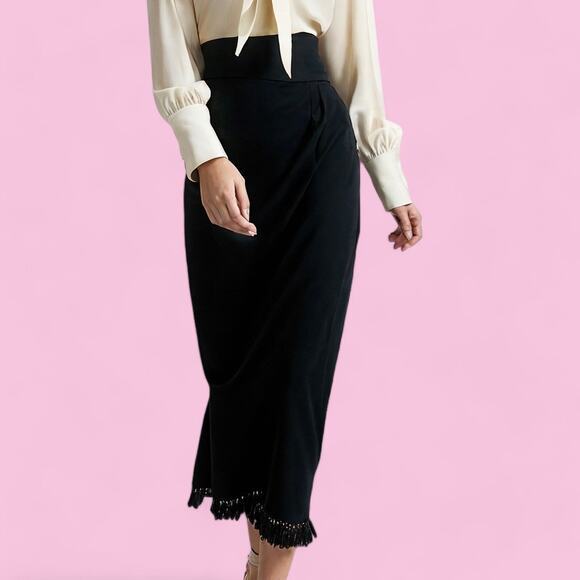 Black Vintage‎ 80s Fringed Hem High Waisted Maxi Skirt Size Small - Picture 1 of 10